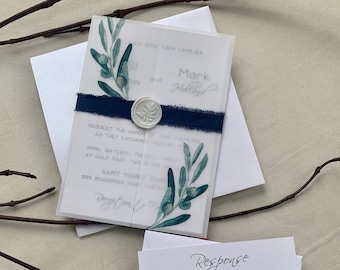 Juego / suite de invitación de boda de vitela, invitación de boda elegante translúcida, sello de cera, envoltura de vitela y suite de cinta, invitación de boda