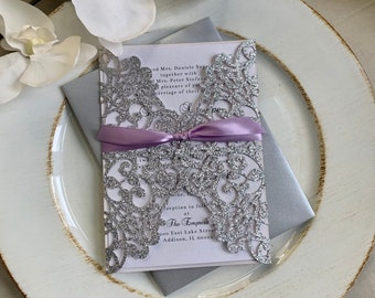 Set / Suite de invitación de boda de lavanda, lila, invitación de boda blanca, invitación de boda elegante, invitaciones de boda de plata, corte láser