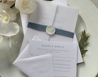 Vellum Wedding Invitation Set/Suite, Dusty Blue Invitation, Elegant Wedding Invitation, Wax Seal, Vellum Wrap and Ribbon Suite,