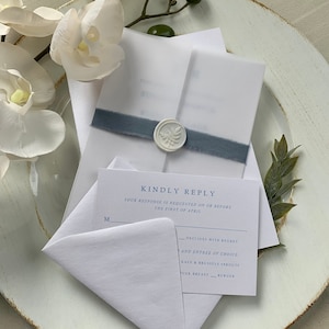 Vellum Wedding Invitation Set/Suite, Dusty Blue Invitation, Elegant Wedding Invitation, Wax Seal, Vellum Wrap and Ribbon Suite,