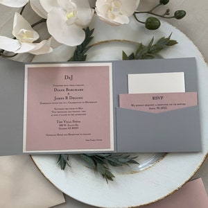 Juego de invitación de boda de bolsillo, rosa rosa polvorienta, malva, rubor, invitación, invitación de boda elegante, suite de invitación personalizada, invitación gris imagen 4