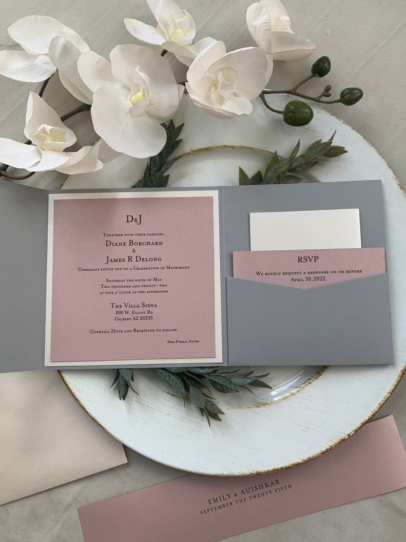 Juego de invitación de boda de bolsillo, rosa rosa polvorienta, malva, rubor, invitación, invitación de boda elegante, suite de invitación personalizada, invitación gris imagen 4