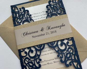 Navy Gold Glitter Lasercut invitation, Pocket fold laser cut invitation, DIY Wedding Invitation, Elegant wedding Invitation