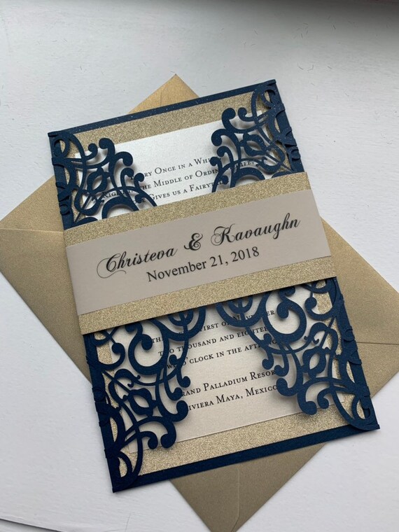 Navy Gold Glitter Lasercut Invitation Pocket Fold Laser Cut Etsy