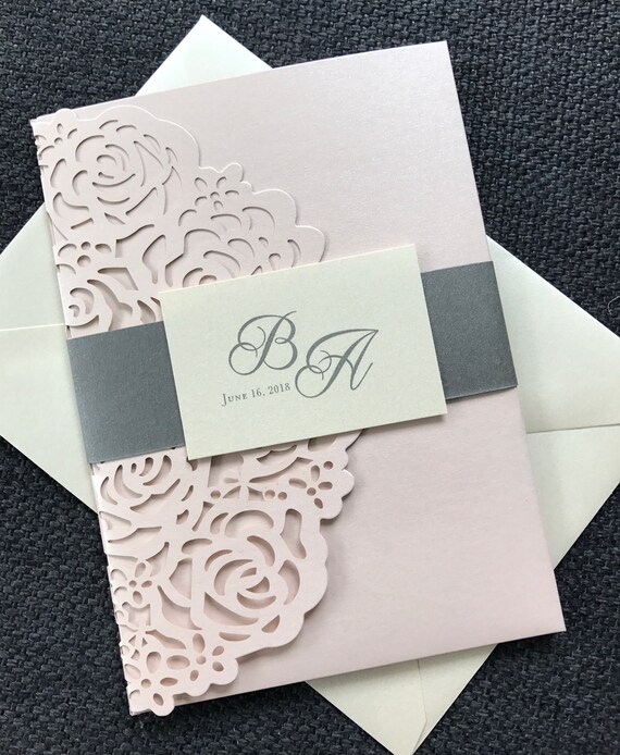 Blush Grey Glitter Invitation Pocket Fold Laser Cut Etsy
