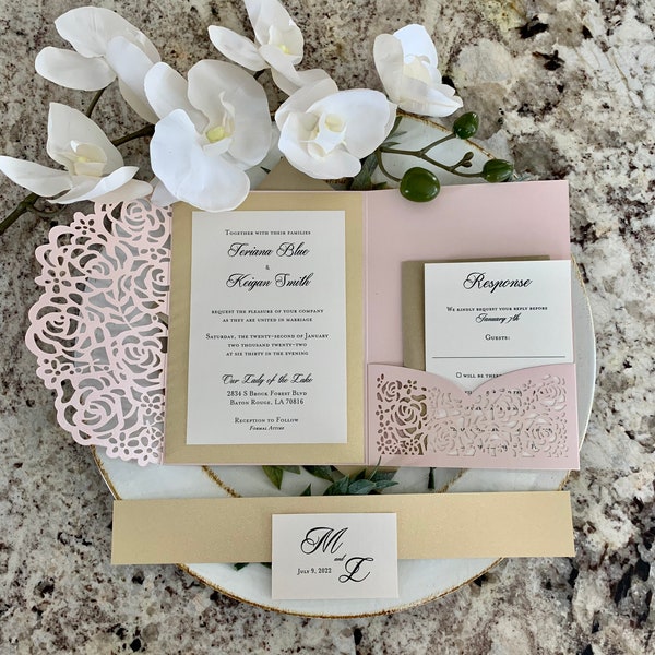 Blush Wedding Invitation Bundle, Blush and Gold Wedding Invitation Laser Cut Pocket, Blush Laser Cut Wedding Invitations Pink Gold Glitter