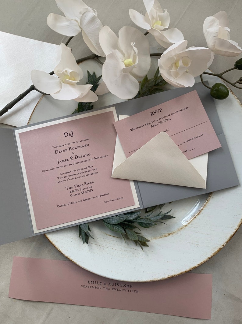 Juego de invitación de boda de bolsillo, rosa rosa polvorienta, malva, rubor, invitación, invitación de boda elegante, suite de invitación personalizada, invitación gris imagen 3