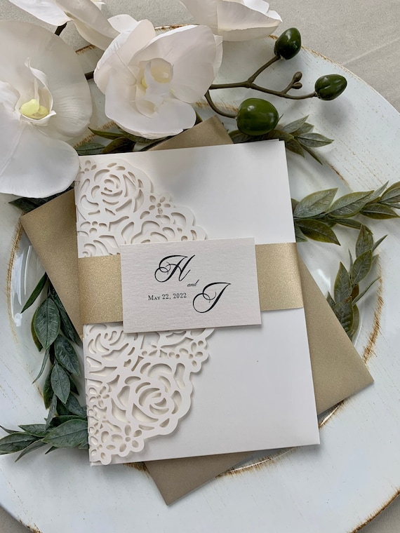 Elegant Black and Gold Floral Monogram Laser Cut Wedding Invites