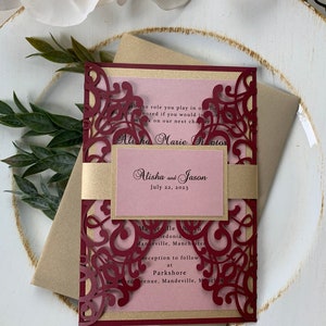 Burgundy and Blush Wedding Invitation Set/Suite gold Wedding Invitation Elegant Wedding Invitation, Burgundy Wedding invitations, Laser Cut