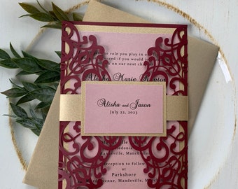 Burgundy and Blush Wedding Invitation Set/Suite gold Wedding Invitation Elegant Wedding Invitation, Burgundy Wedding invitations, Laser Cut