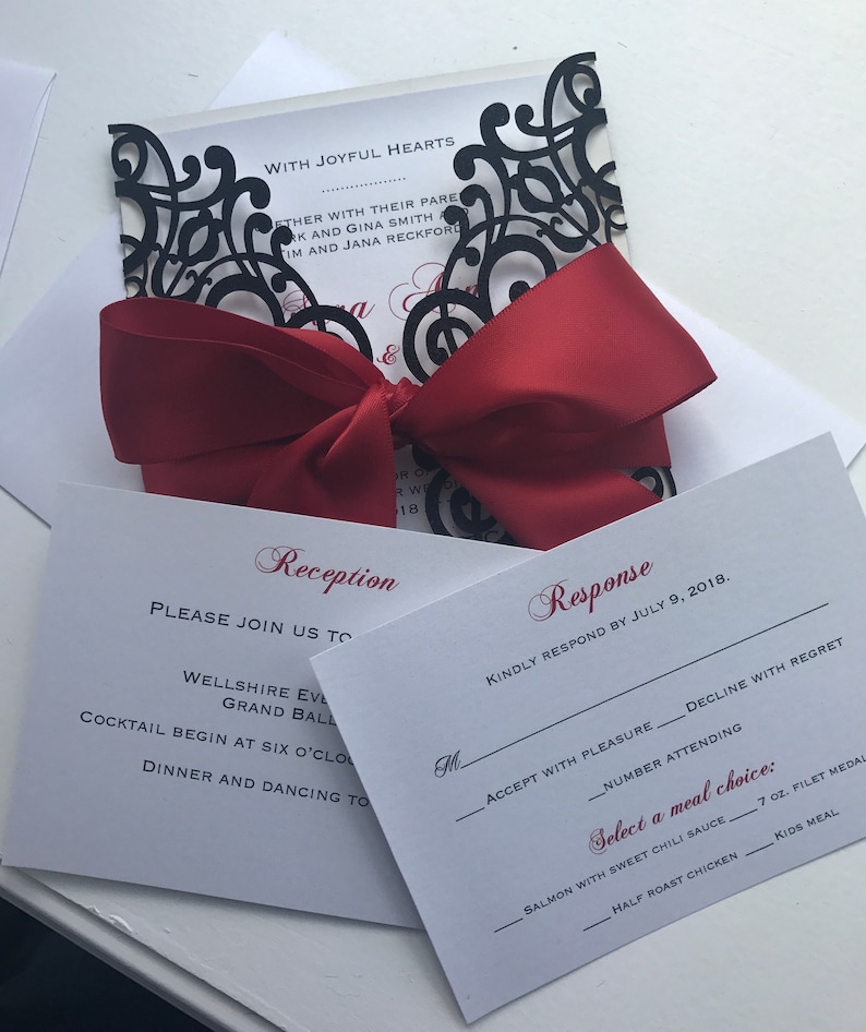 Elegant glitter laser cut invitation package, custom laser cut invitations, Black and red laser cut event invitations image 2