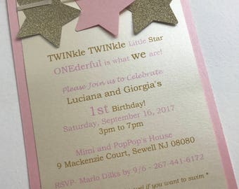 Twinkle Twinkle Little Star Invitation, Pink and Gold Invitation, Picture invitation