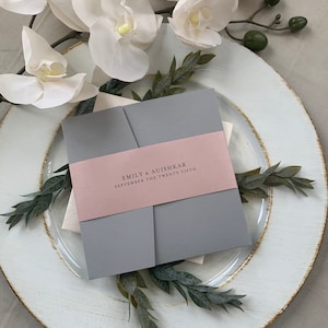 Pocket Wedding Invitation Set, Dusty Rose Pink, Mauve, Blush, Invitation, Elegant Wedding Invitation, Custom Invitation Suite, Grey Invite