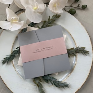 Juego de invitación de boda de bolsillo, rosa rosa polvorienta, malva, rubor, invitación, invitación de boda elegante, suite de invitación personalizada, invitación gris imagen 1