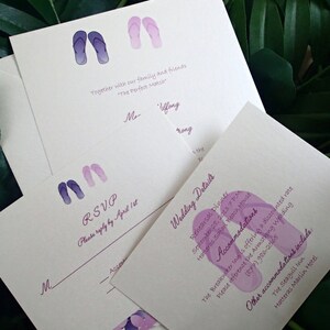 Destination wedding invitation, Beach wedding invitation, Purple wedding invitation, summer invitation, flip flop invitation, flower