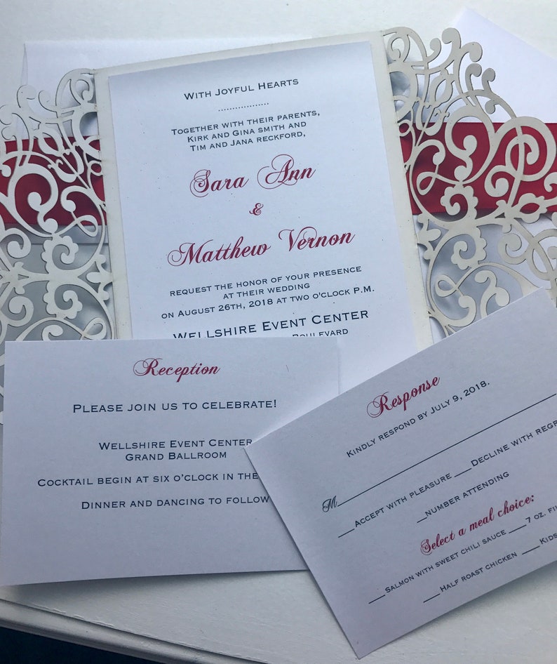 Elegant glitter laser cut invitation package, custom laser cut invitations, Black and red laser cut event invitations image 4