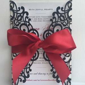 Elegant glitter laser cut invitation package, custom laser cut invitations, Black and red laser cut event invitations image 3