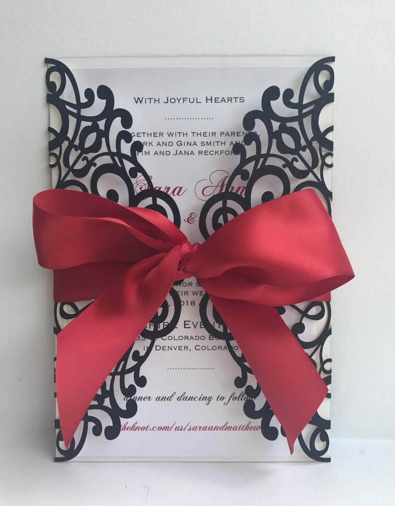 Elegant glitter laser cut invitation package, custom laser cut invitations, Black and red laser cut event invitations image 3