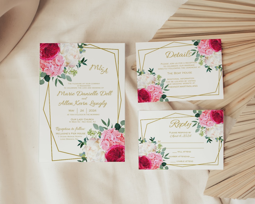 Marie Rosa Wedding Invitation Template Suite, Pink Fuchsia, Gold and