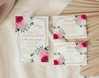 Suite de plantillas de invitación de boda Marie Rosa, rosa fucsia, invitación de boda dorada y blanca, elegantes invitaciones de boda florales