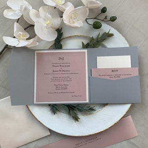 Juego de invitación de boda de bolsillo, rosa rosa polvorienta, malva, rubor, invitación, invitación de boda elegante, suite de invitación personalizada, invitación gris imagen 5