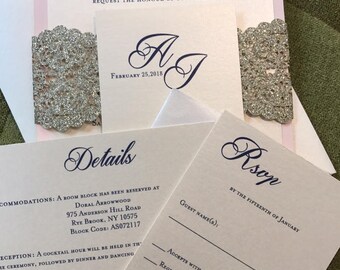 Blush gold glitter invitation, Lasercut glitter wedding invitation, lace invitation