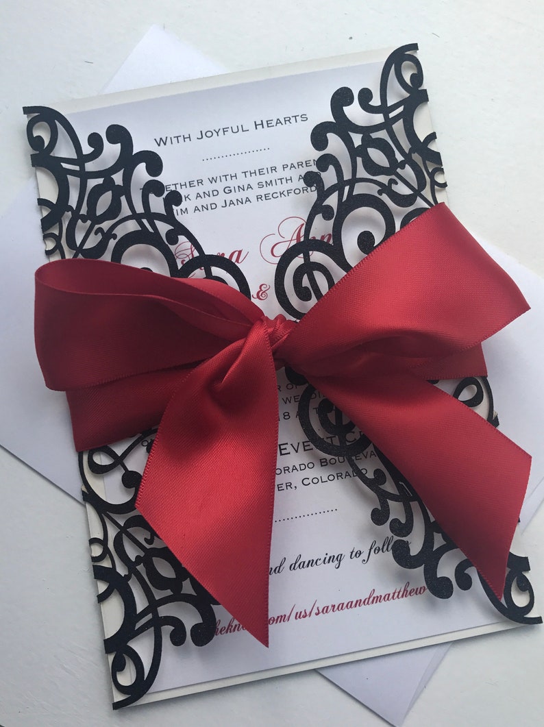Elegant glitter laser cut invitation package, custom laser cut invitations, Black and red laser cut event invitations image 1