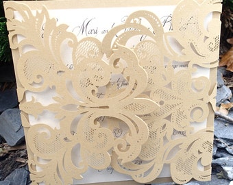 Complete Floral Laser Cut Gold Invitation Suite,Elegant Kraft and Ivory Invitation, Wedding invitation, Shower invitation, Event Invitation