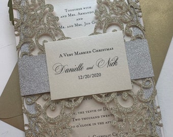Silver glitter gold Laser cut invitation, Pocket fold laser cut invitation, DIY Wedding Invitation, Elegant wedding Invitation