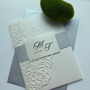 Ivory Silver Glitter Lasercut invitation, Pocket fold laser cut invitation, DIY Wedding Invitation, Pocket fold wedding Invitation,