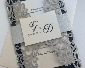 Silver Black Glitter Lasercut invitation, Pocket fold laser cut invitation, DIY Wedding Invitation, Elegant wedding Invitation