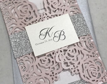 Blush Gold Glitter Lasercut invitation, Pocket fold laser cut invitation, DIY Wedding Invitation, Elegant wedding Invitation