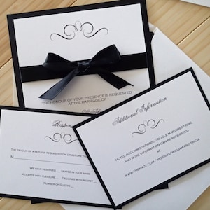 Complete Elegance Ribbon and Bow invitation set, Wedding Invitations, Elegant Invitations, Black and White invitations