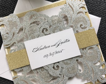 Elegant glitter laser cut invitation package, custom laser cut invitations, Gold and silver laser cut event invitations