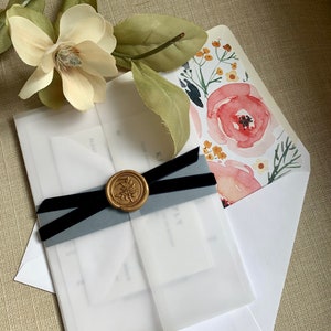 Vellum Wax Seal Belly Banded Velvet Floral wedding Invitation Suite image 1