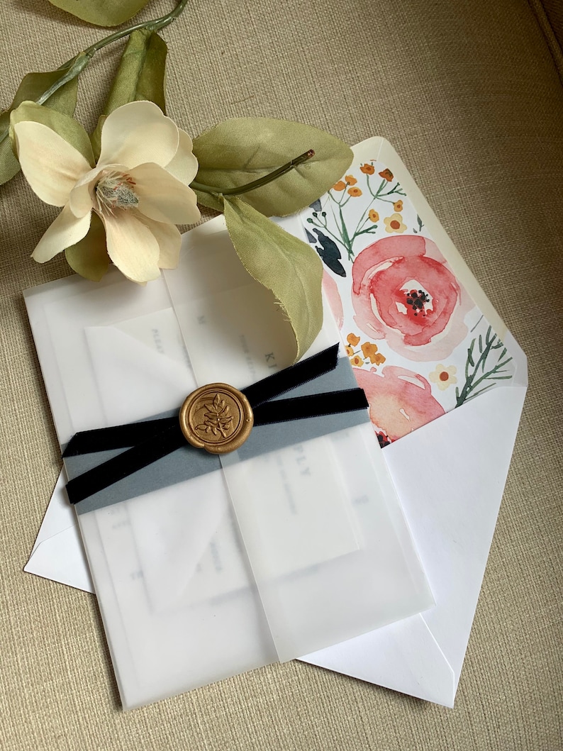 Vellum Wax Seal Belly Banded Velvet Floral wedding Invitation Suite image 1