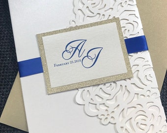 Ivory Gold Glitter Lasercut invitation, Blue wedding invitations, Pocket fold laser cut invitation, DIY Wedding Invitation, wedding invites