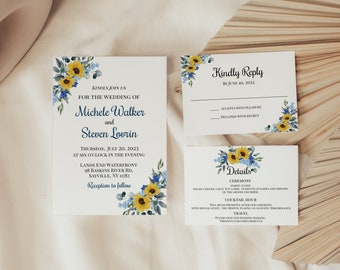 Suite de plantillas de invitación de boda sunita, invitación de boda de girasol, amarillo y azul, invitaciones de boda florales elegantes, invitación rústica
