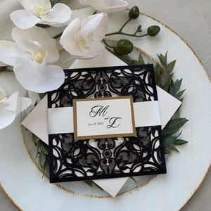 Elegant glitter laser cut invitation package, custom laser cut invitations, Black Glitter invitation suite,