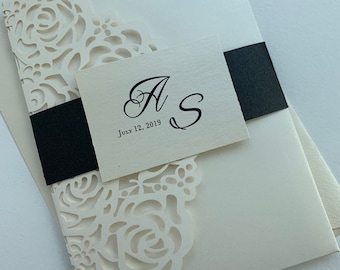 Ivory Black Glitter Lasercut invitation, Pocket fold laser cut invitation, DIY Wedding Invitation, Pocket fold wedding Invitation,