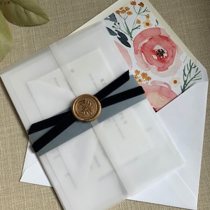 Vellum Wax Seal Belly Banded Velvet Floral wedding Invitation Suite image 4