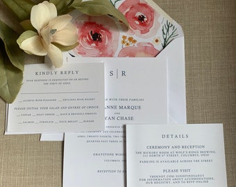 White Floral and Dark Blue Wedding Invitation Suite