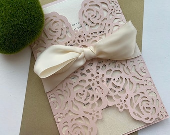Blush Laser cut invitation, Ivory and Gold laser cut invitation, DIY Wedding Invitation, Pocket fold wedding Invitation