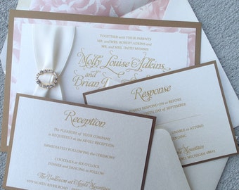 Elegant Three Layer Gold, Rose and Ivory Rhinestone invitation Suite