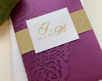 Laser Cut Wedding Invitations- Purple Gold Glitter Lasercut invitation- Pocket fold laser cut invitation - DIY Wedding Invitation- Gold