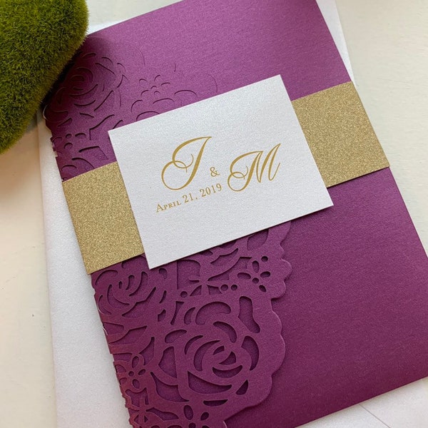 Laser Cut Wedding Invitations- Purple Gold Glitter Lasercut invitation- Pocket fold laser cut invitation - DIY Wedding Invitation- Gold