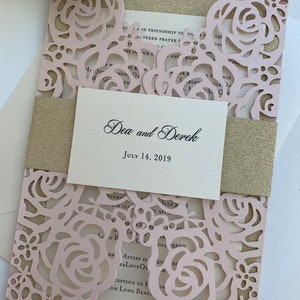 Pink Blush Gold Glitter Lasercut invitation, Pocket fold laser cut invitation, DIY Wedding Invitation, Elegant wedding Invitation