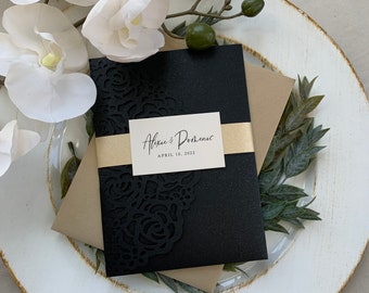 Black Wedding Invitation set, Black and Gold Wedding Invitation Laser Cut Pocket, Black Laser Cut Wedding Invitations Gold Glitter, DIY