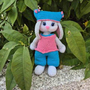 Könnte beinhalten: Eine handgefertigte Häkelkaninchenpuppe mit blauem Hut mit rosa Akzenten, einem rosa Oberteil und blauen Shorts. Das Kaninchen hat weißes Fell, lange Ohren und blaue Augen. Die Puppe steht vor grünen Blättern.