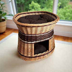 Wicker Cat Bed with Cushion | 2-in-1 Pet House for Cats & Small Dogs | Oval or Round Shape | Handmade Natural or White Basket